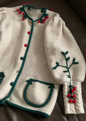 Luvik | Beige Brodert Knapp Lace-Mønster Ulljakke