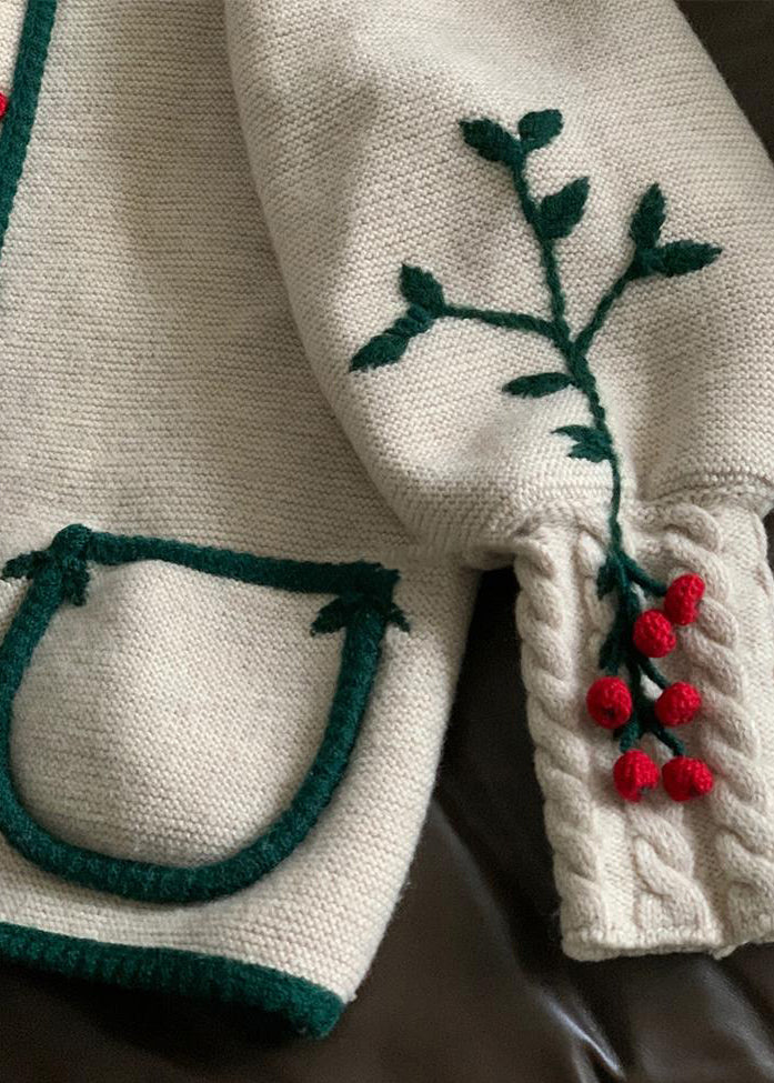 Luvik | Beige Brodert Knapp Lace-Mønster Ulljakke