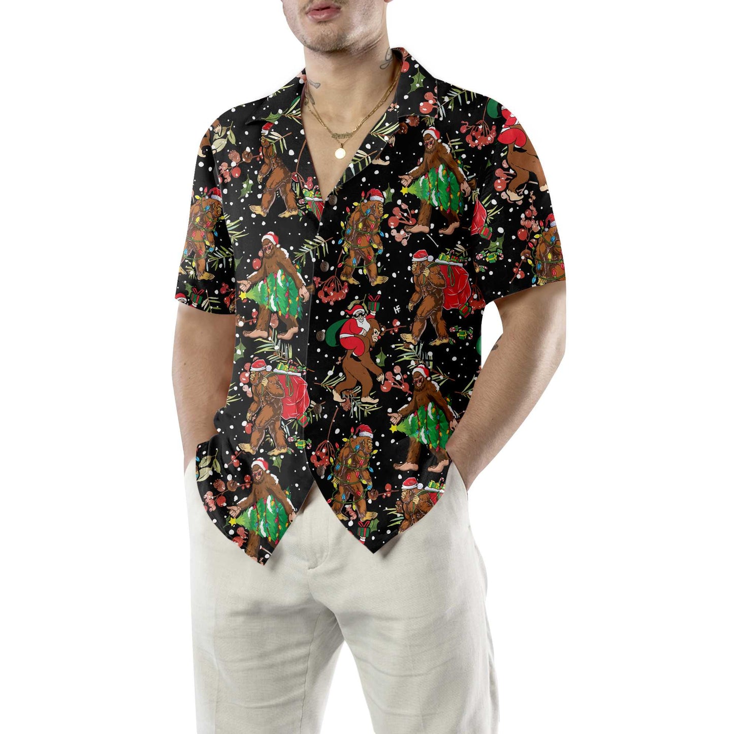 Luvik | Bigfoot Joulupukki joulukuosisella hawaijipaidalla, hauska Bigfoot joulupaita, lahja jouluksi