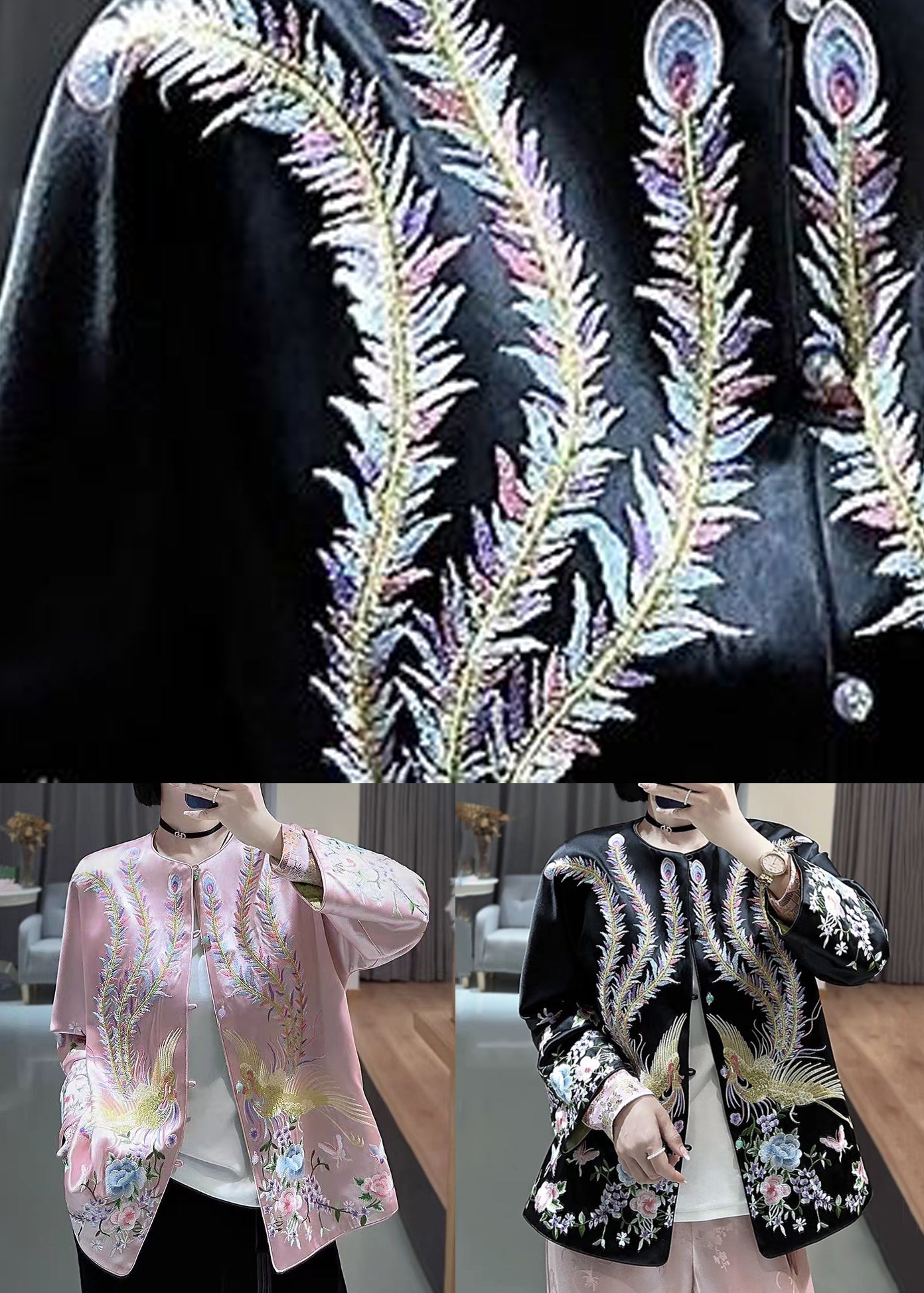 Luvik | Silkkinen takki, jossa on brodeeratut napit, Pääntie O, Pitkät hihat