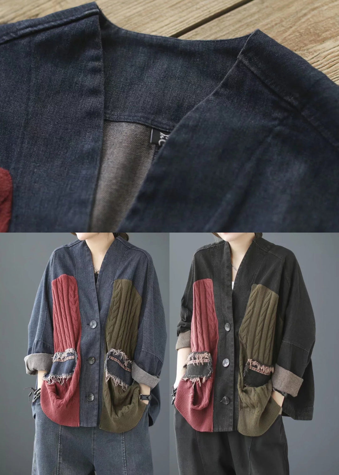 Luvik | V-hals knapp sweatshirt denimjakke lange ermer