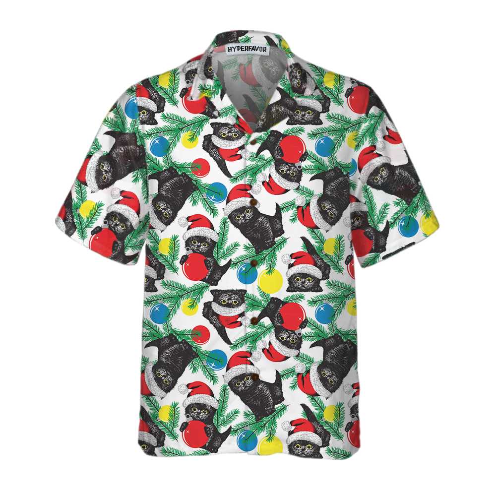 Luvik | Svart katt julehatt Hawaii-t-skjorte, Morsom julekatt-t-skjorte