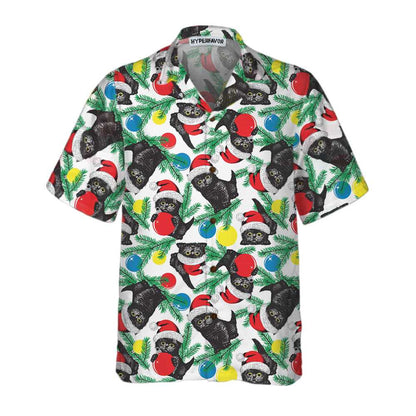 Luvik | Musta kissa jouluhattu Hawaii-paita, Hauska jouluketun kissapaita