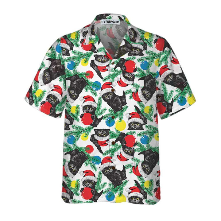 Luvik | Svart katt julehatt Hawaii-t-skjorte, Morsom julekatt-t-skjorte