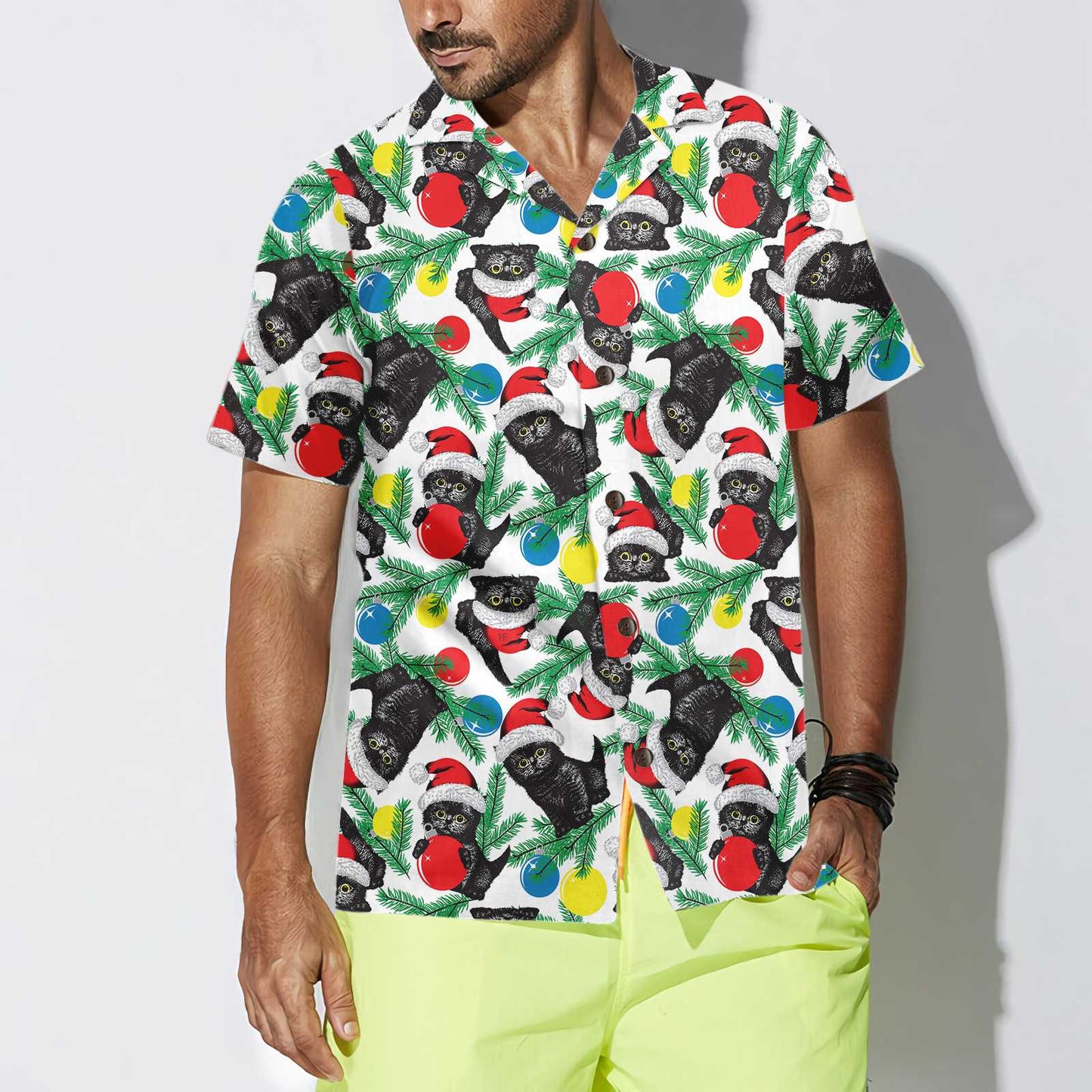 Luvik | Musta kissa jouluhattu Hawaii-paita, Hauska jouluketun kissapaita