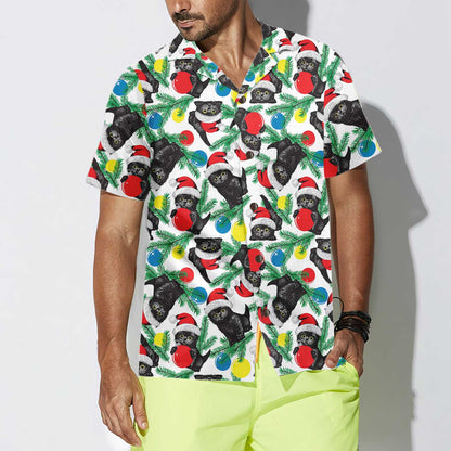 Luvik | Musta kissa jouluhattu Hawaii-paita, Hauska jouluketun kissapaita