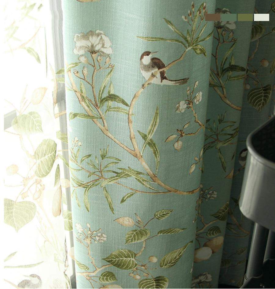 Blackout Blue Gardiner med Blomstermotiv av Fugler Luvikno