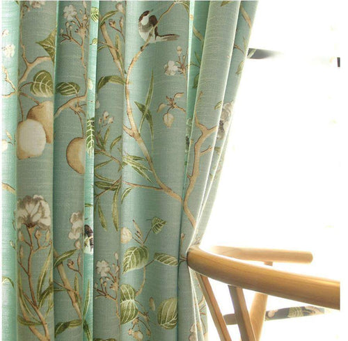 Blackout Blue Gardiner med Blomstermotiv av Fugler Luvikno