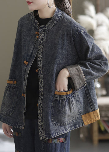 Luvik | Denimbomull patchwork jakke med høy krage og asiatisk knapp
