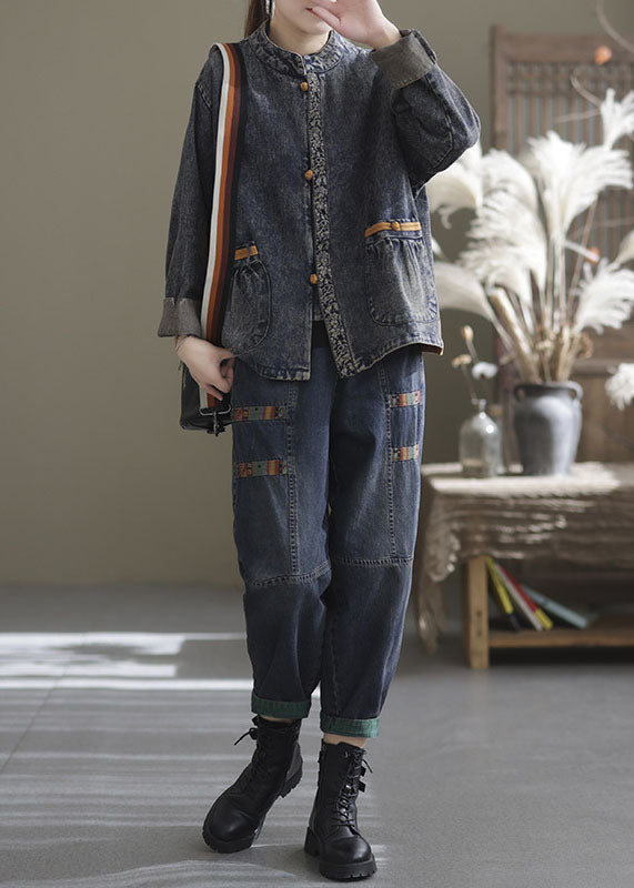 Luvik | Denimbomull patchwork jakke med høy krage og asiatisk knapp