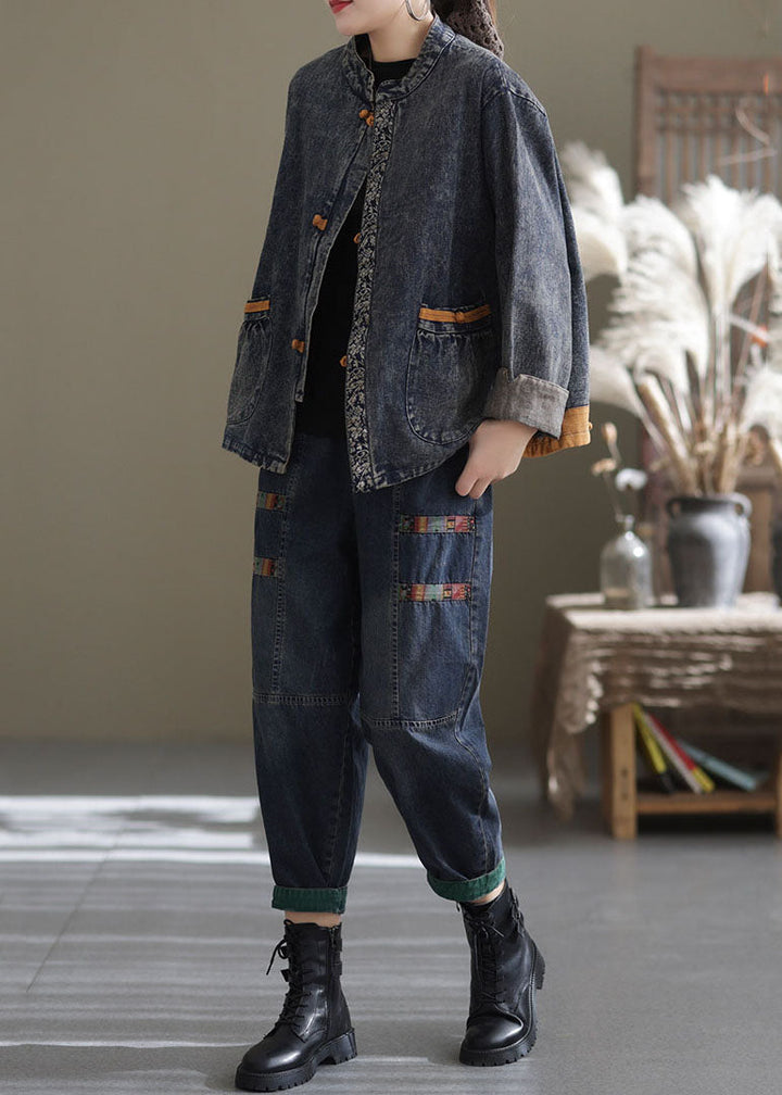 Luvik | Denimbomull patchwork jakke med høy krage og asiatisk knapp