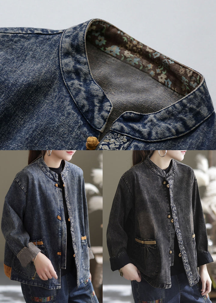 Luvik | Denimbomull patchwork jakke med høy krage og asiatisk knapp