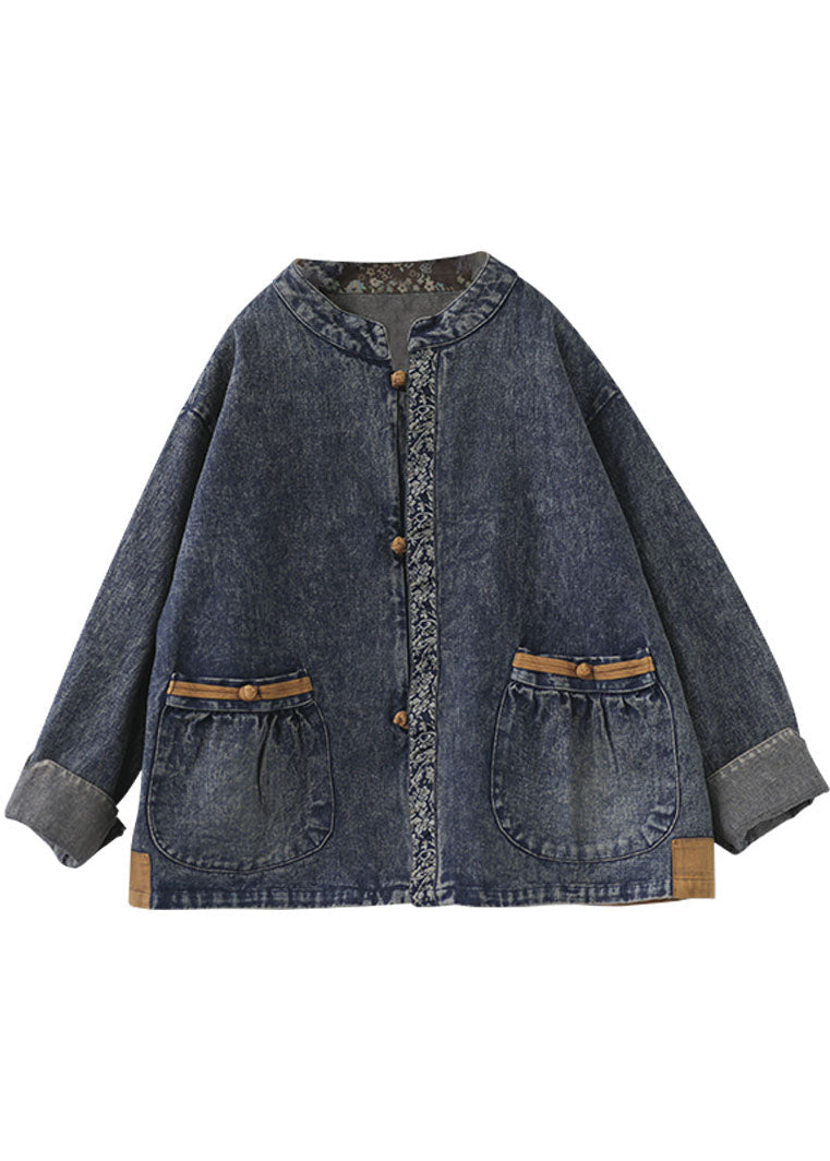 Luvik | Denimbomull patchwork jakke med høy krage og asiatisk knapp