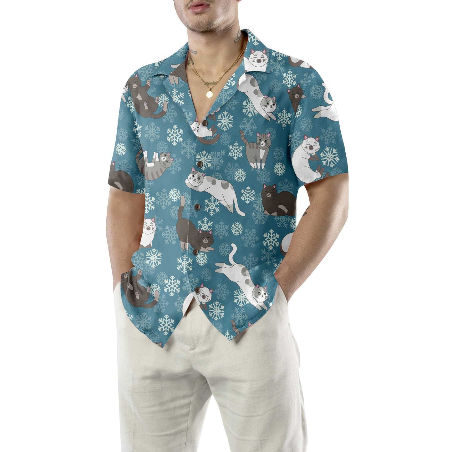 Luvik | Sinisten lumihiutaleiden kuvioinen hawaijipaita, hauska joulun Aloha-paita