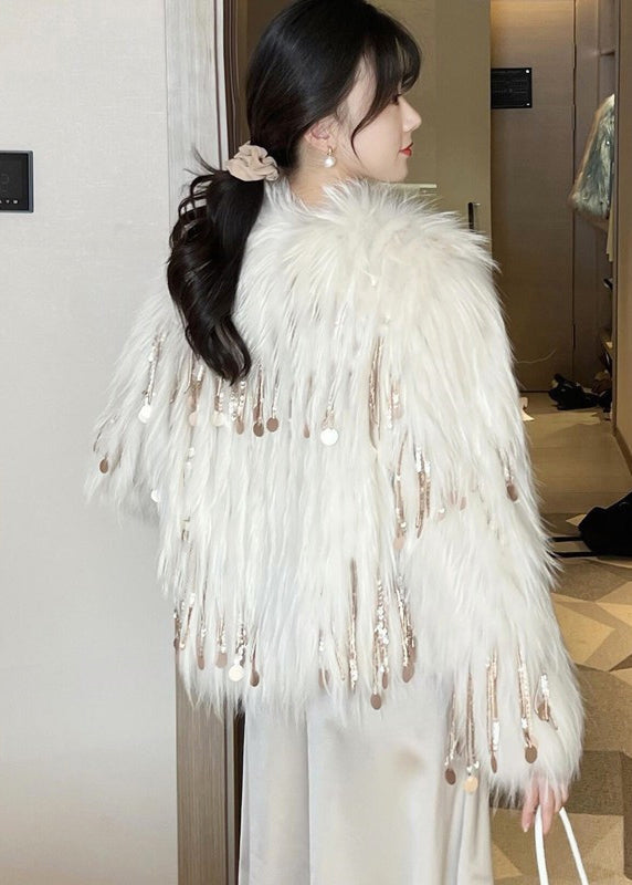 Luvik | Beige glitter fringe mink fur coat talvi
