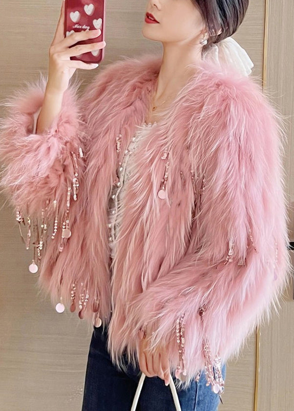 Luvik | Beige glitter frynse minkpels frakk vinter