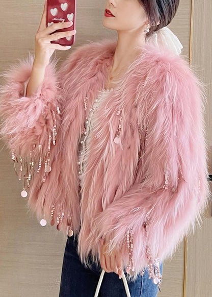Luvik | Beige glitter fringe mink fur coat talvi