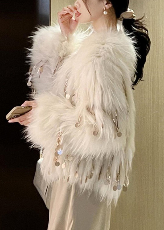 Luvik | Beige glitter frynse minkpels frakk vinter