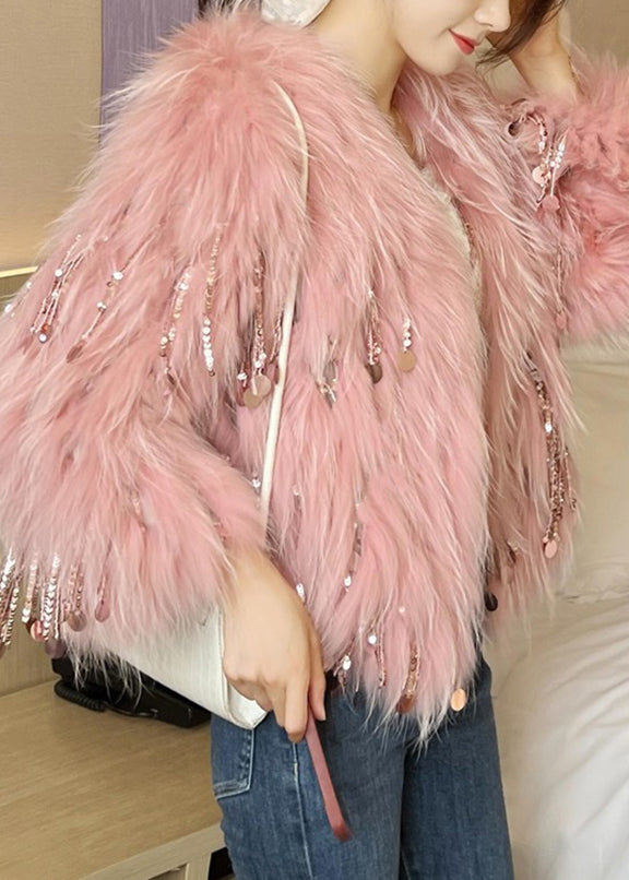 Luvik | Beige glitter frynse minkpels frakk vinter