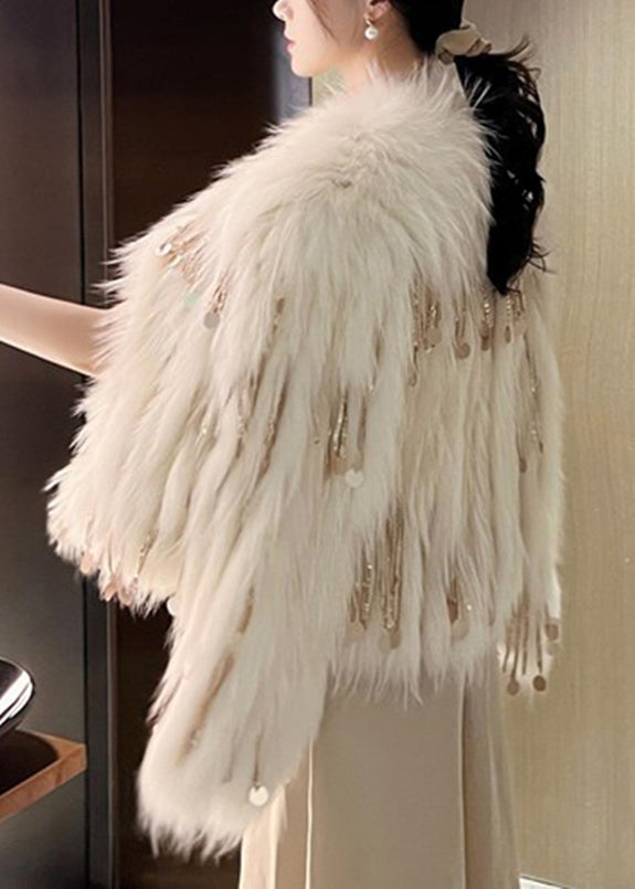 Luvik | Beige glitter frynse minkpels frakk vinter