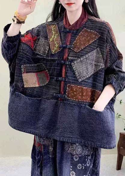 Luvik | Puuvillainen itämaisten nappien takeissa siniset paikka-taskut