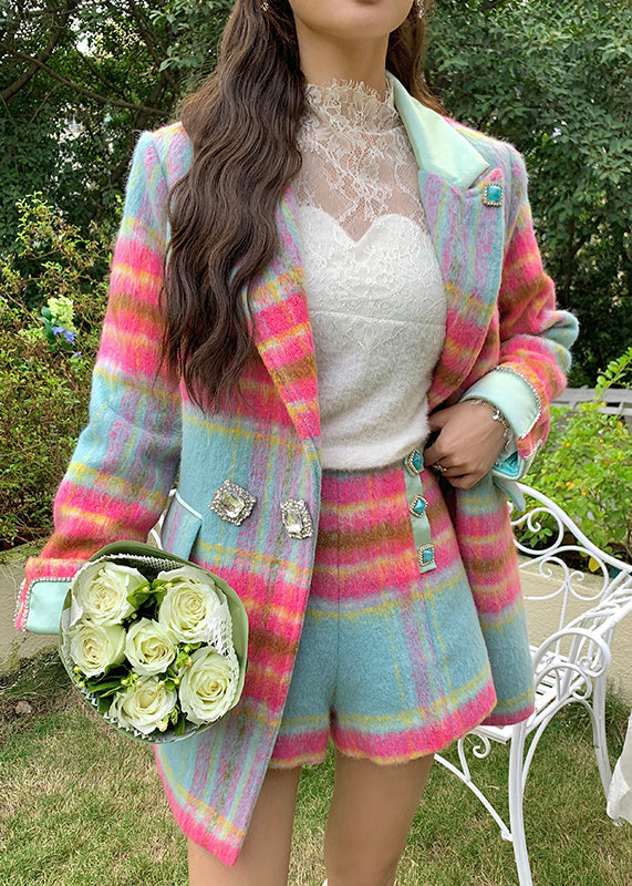 Luvik | Rose Ristikkäinen Ruudullinen Napillinen Villakangastakki ja Hameet Kahden Osan Setti