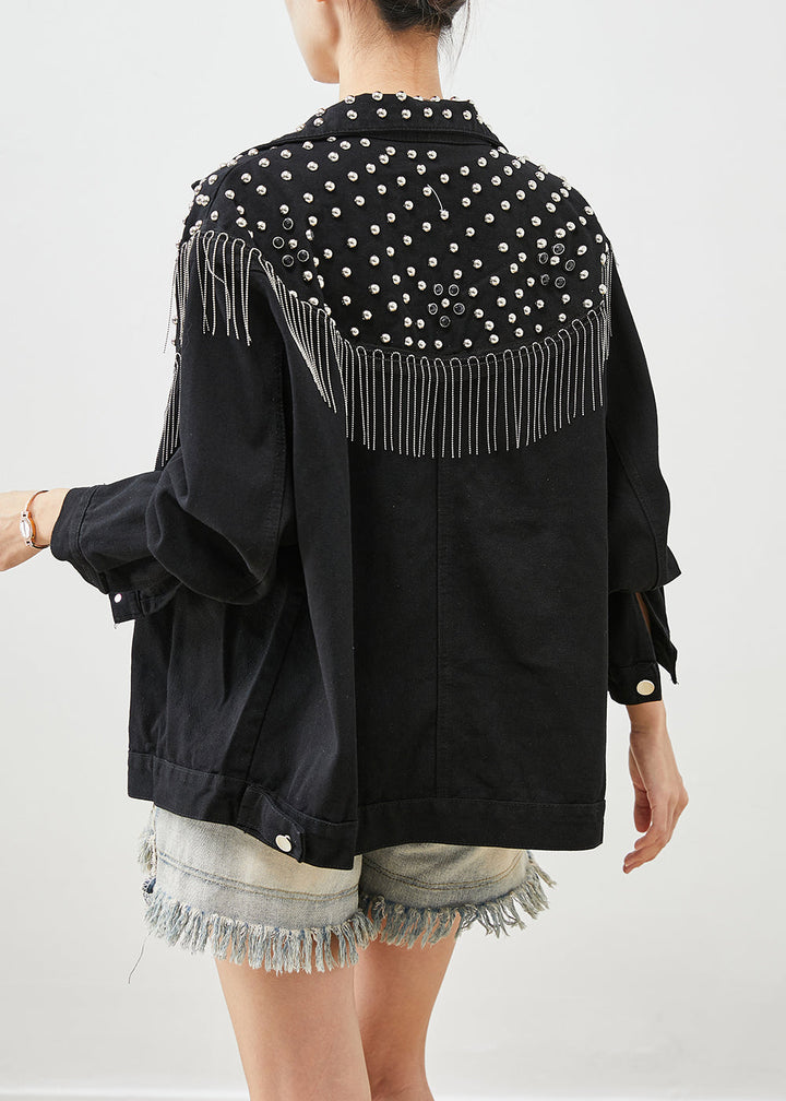 Luvik | Svart denim-jakke med nagler og layering
