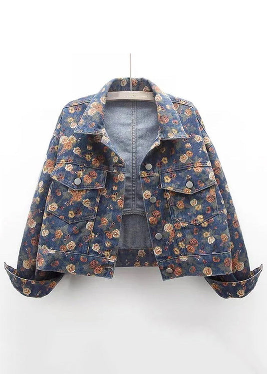 Luvik | Sininen Peter Pan -kauluksella varustettu painettu farkkutakki