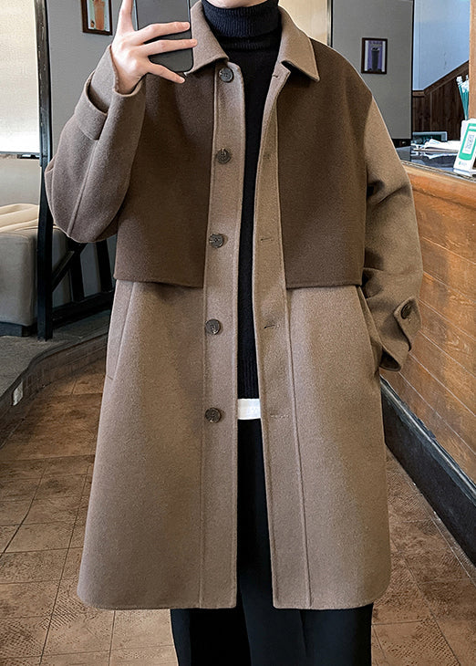 Luvik | Vaalea ruskea Peter Pan-kaulus taskulliset villatakki miehille talveksi