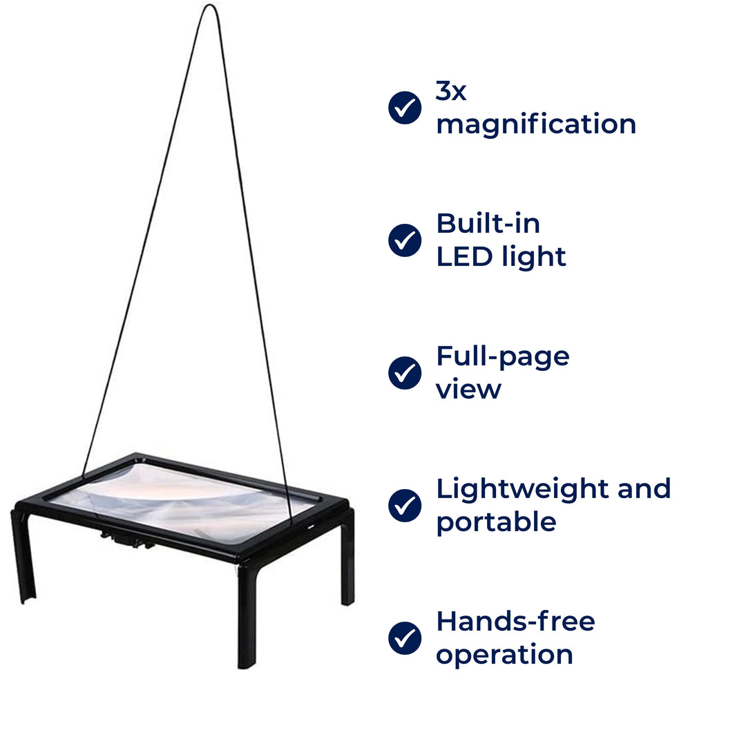 BrightView | 3x Side-forstørrelsesglass med LED-lys – Full sidevisning – Lett og hender-fri – Ideell for eldre og brukere med nedsatt syn Luvikno