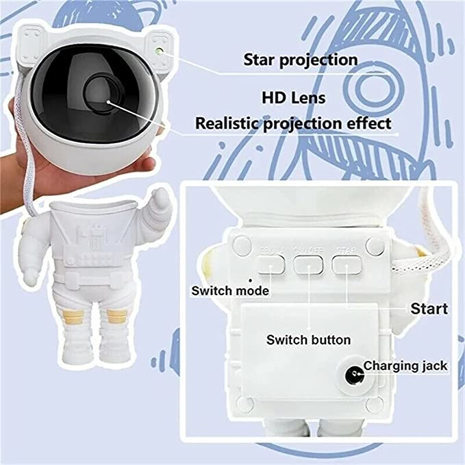 Stjernete LED-projektor – Astronautlampe med 360° roterende hode og fjernkontroll for soverom og stue | Luvikno