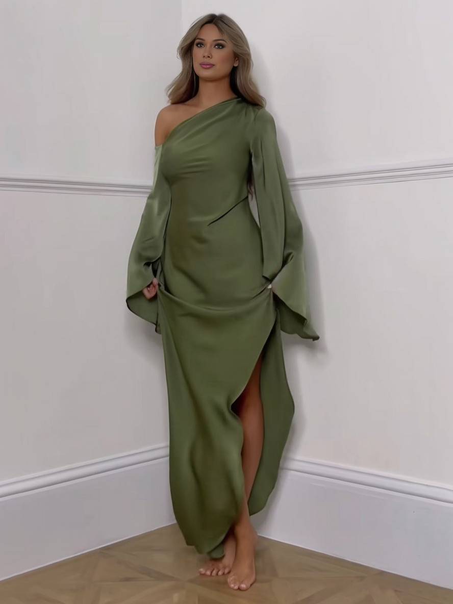 Luvik | Pitkä Yhden Olkapään Halterneck Mekko Silkki Trumpetti Hihat Pitkät Hihat Naisille Elegantti valmistujaismekko