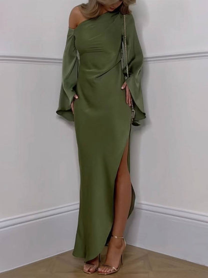 Luvik | Pitkä Yhden Olkapään Halterneck Mekko Silkki Trumpetti Hihat Pitkät Hihat Naisille Elegantti valmistujaismekko