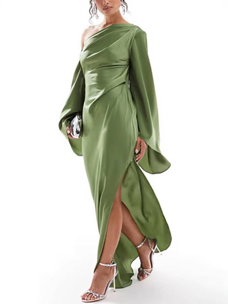 Luvik | Pitkä Yhden Olkapään Halterneck Mekko Silkki Trumpetti Hihat Pitkät Hihat Naisille Elegantti valmistujaismekko