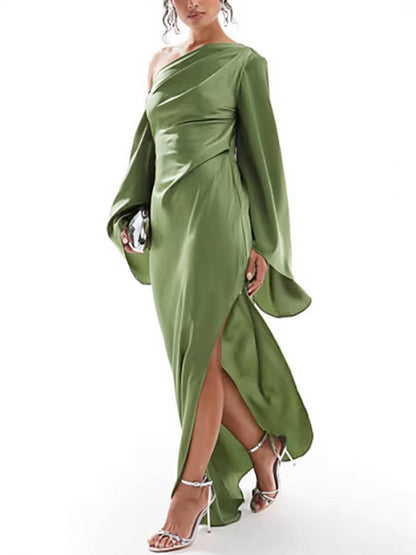 Luvik | Pitkä Yhden Olkapään Halterneck Mekko Silkki Trumpetti Hihat Pitkät Hihat Naisille Elegantti valmistujaismekko