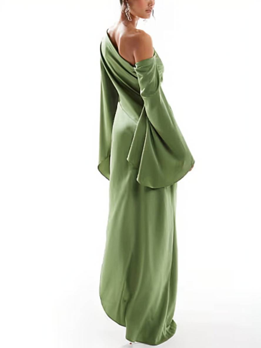 Luvik | Pitkä Yhden Olkapään Halterneck Mekko Silkki Trumpetti Hihat Pitkät Hihat Naisille Elegantti valmistujaismekko