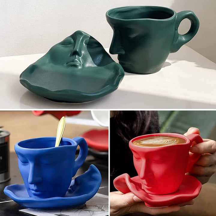 Metall Berørende Ansikt Kreativ Keramikk Kyss Kaffe Kopp, Kunstnerisk Stemning Mugge & Underkop Sett | Luvikno