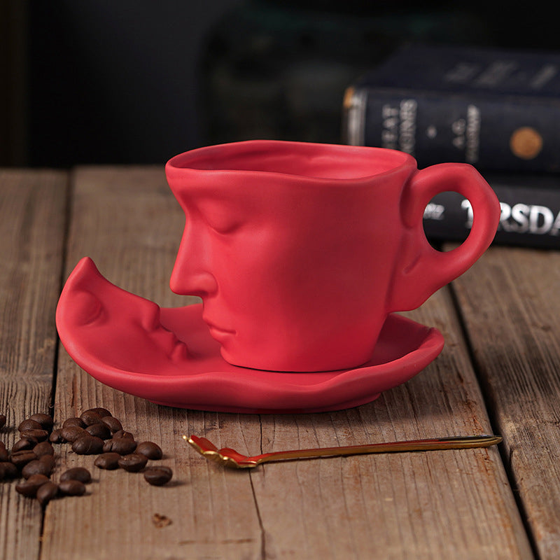 Metall Berørende Ansikt Kreativ Keramikk Kyss Kaffe Kopp, Kunstnerisk Stemning Mugge & Underkop Sett | Luvikno