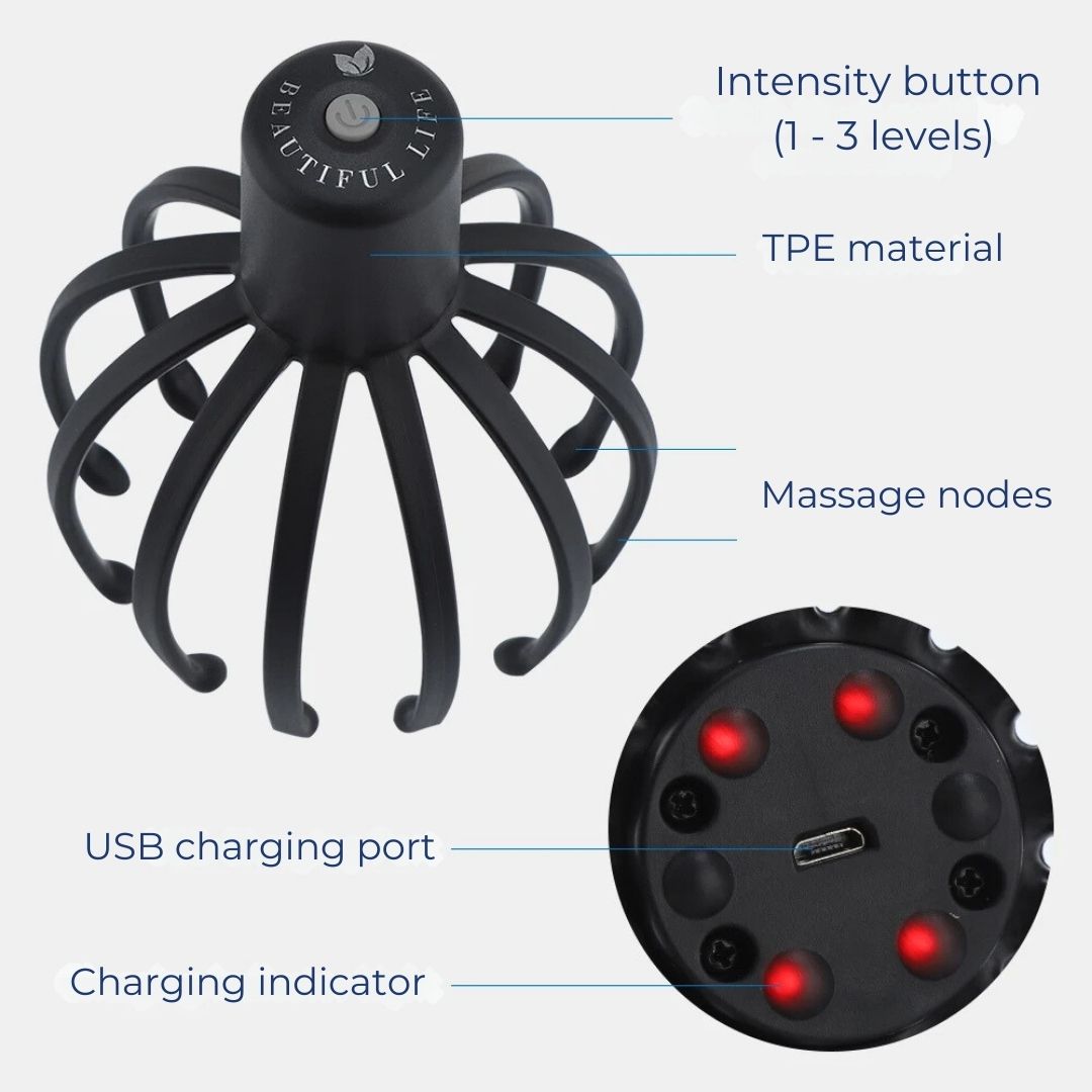 CalmFlow Smart Electric Octopus Hode Massager | Hodebunnsmassasje - Stresslettelse - Forbedret Søvn - Multi-retning Vibrasjons Hode Massager Luvikno