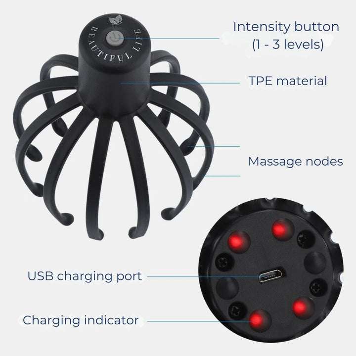 CalmFlow Smart Electric Octopus Hode Massager | Hodebunnsmassasje - Stresslettelse - Forbedret Søvn - Multi-retning Vibrasjons Hode Massager Luvikno