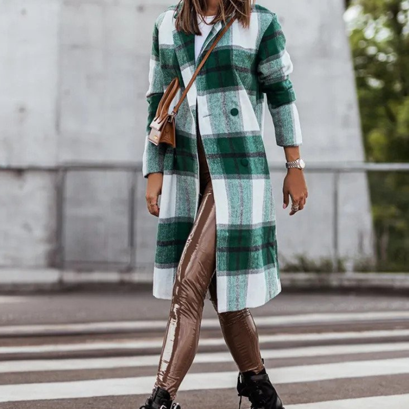 Luvik | Villakangas takki - Pitkä ruutukuosiset naisten syksytakki