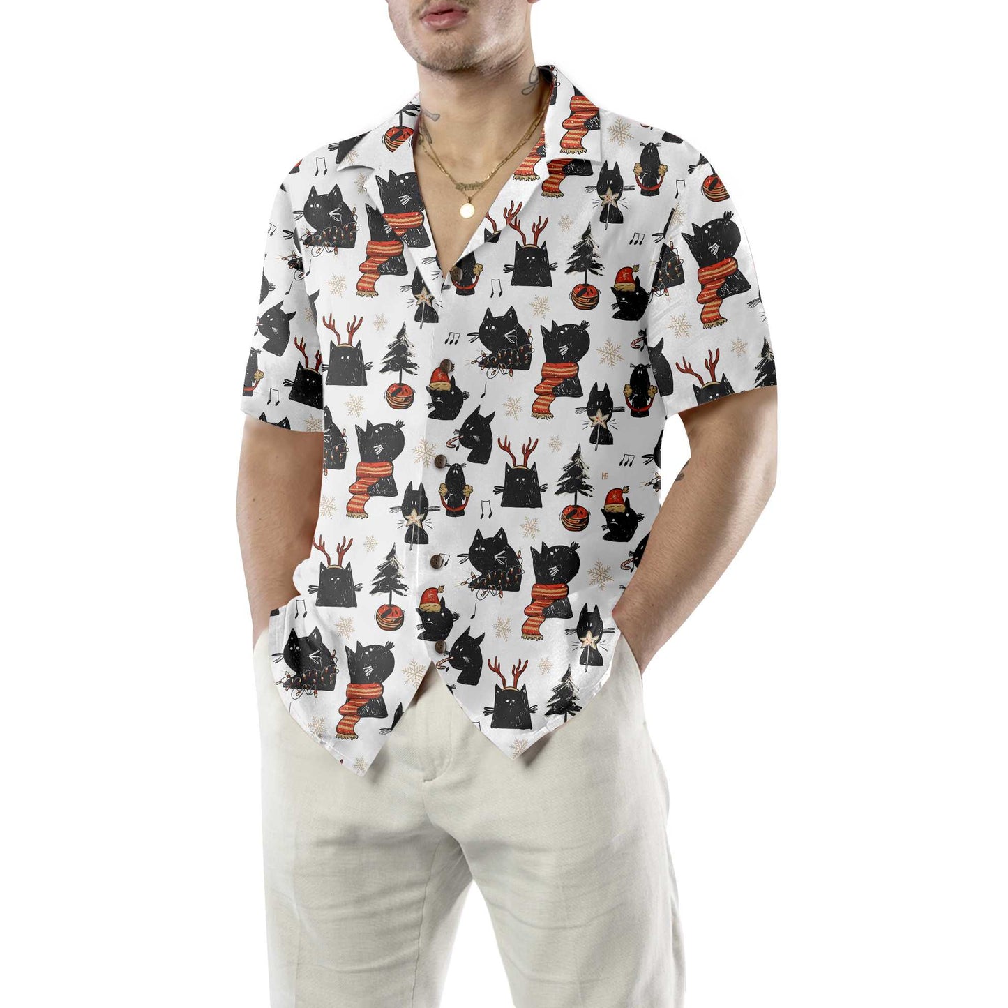 Luvik | Sarjakuvakulku Musta Kissa Hauskaa Joulua Hawaiian-paita, Hauska Joulukissapaita, Paras Joululahjaidea