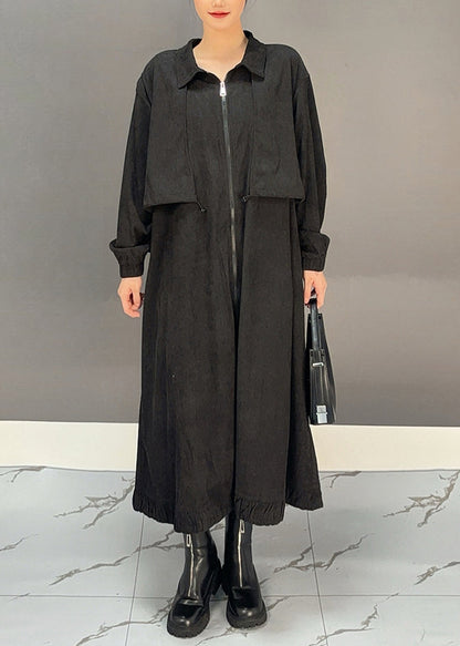 Luvik | Peter Pan kaulus musta samettikankaiset taskut trenssitakki maxi talvi