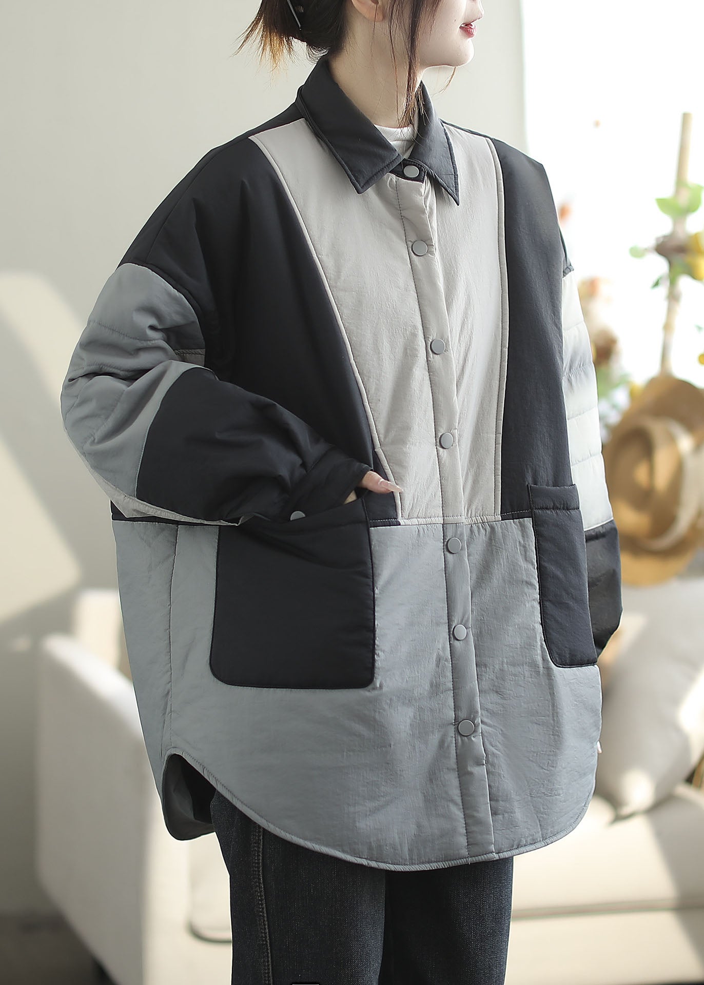 Luvik | Sininen Peter Pan Kaulus Taskut Patchwork Ohut Puuvilla Vaahtokankaiset Takit