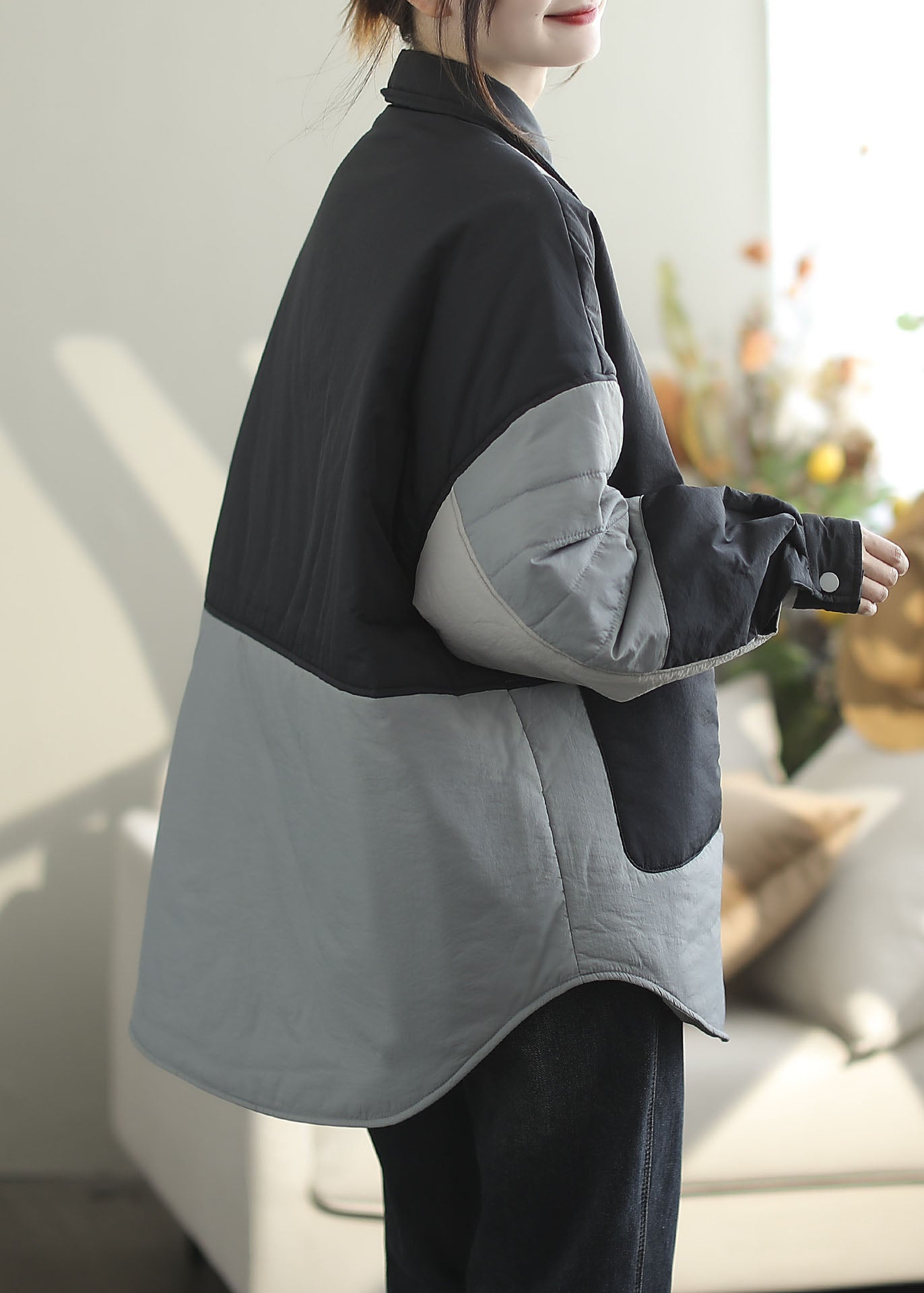 Luvik | Sininen Peter Pan Kaulus Taskut Patchwork Ohut Puuvilla Vaahtokankaiset Takit