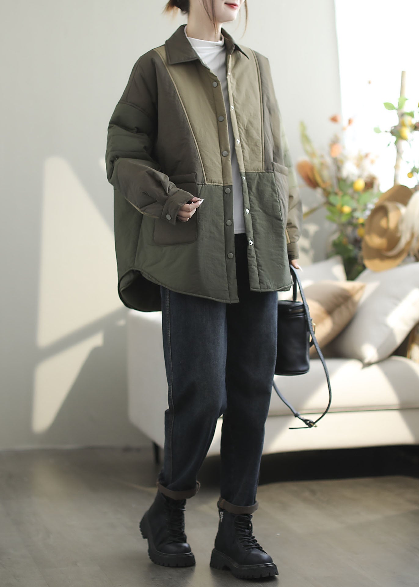 Luvik | Sininen Peter Pan Kaulus Taskut Patchwork Ohut Puuvilla Vaahtokankaiset Takit