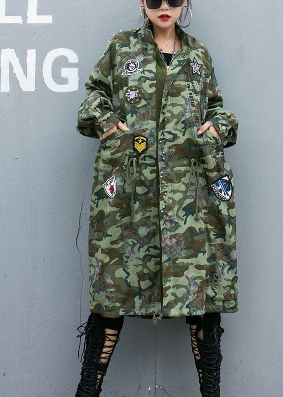 Luvik | Camouflage Clous Printet Denimposer Trench-coats Med Lange Ermer