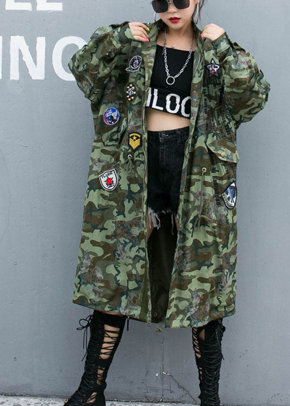 Luvik | Camouflage Clous Printet Denimposer Trench-coats Med Lange Ermer