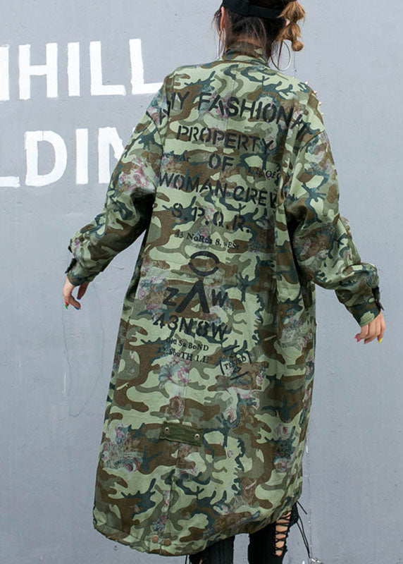 Luvik | Camouflage Clous Printet Denimposer Trench-coats Med Lange Ermer