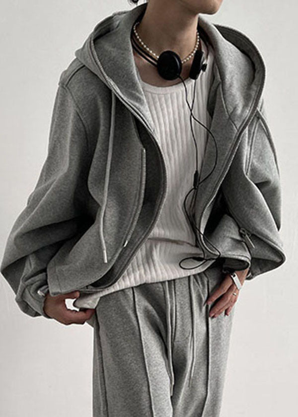 Luvik | Grå quiltet jakke med hette, med to-delt effekt og glidelås